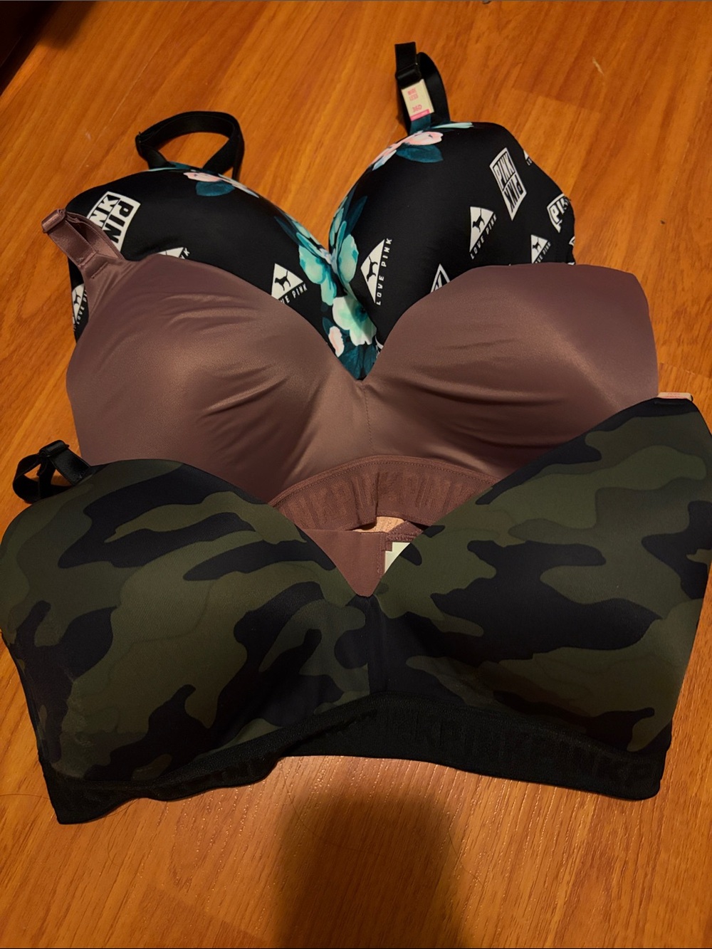PINK Victoria's Secret Floral Logo Black, Mauve and Camo Bras - 3-Pack bundle